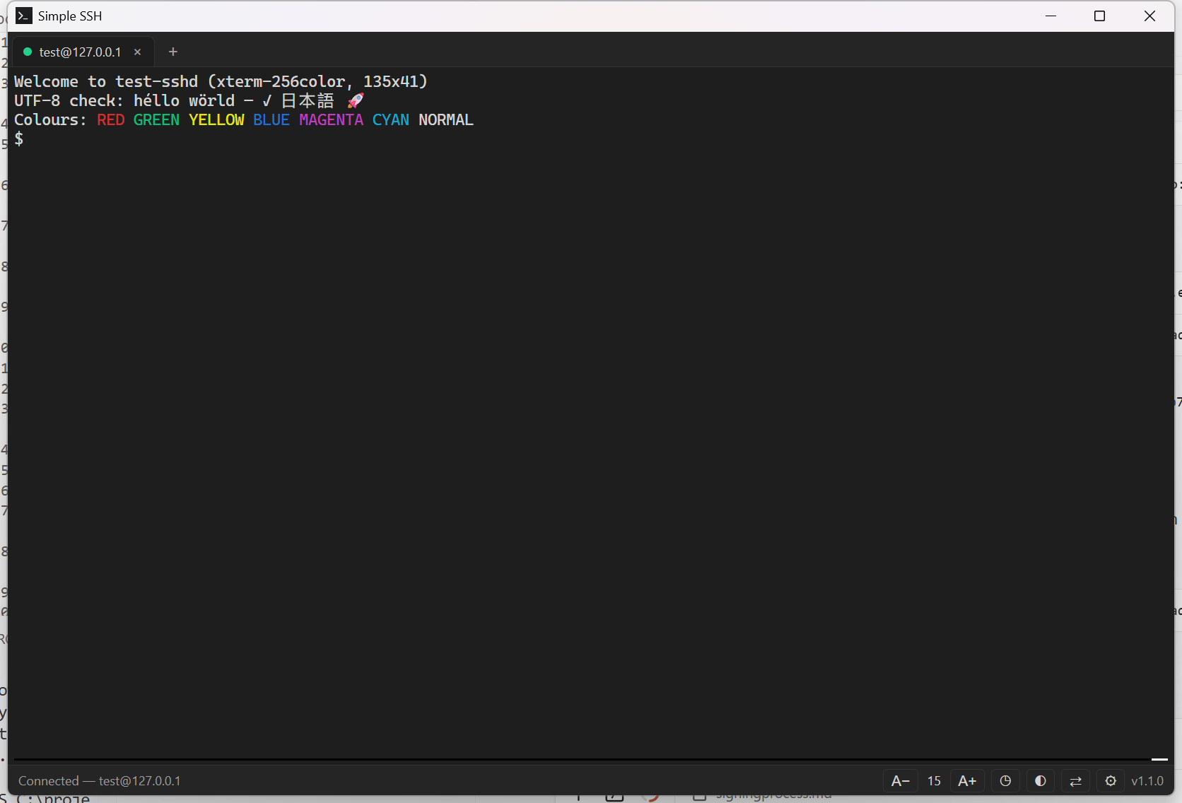Simple SSH - tabbed terminal connected to a host, dark theme